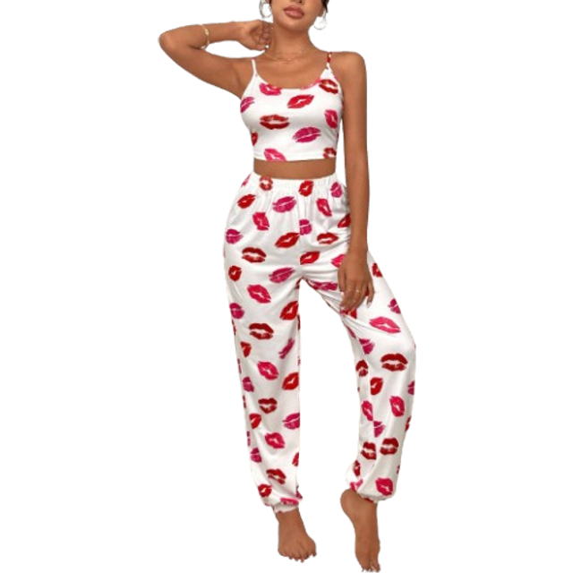 SHEIN Lip Print Cami Top & Pants PJ Set / Pajama Set White Set Bridallingerie