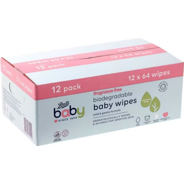 Boots Baby biodegradable fragrance free wipes 64s 12s