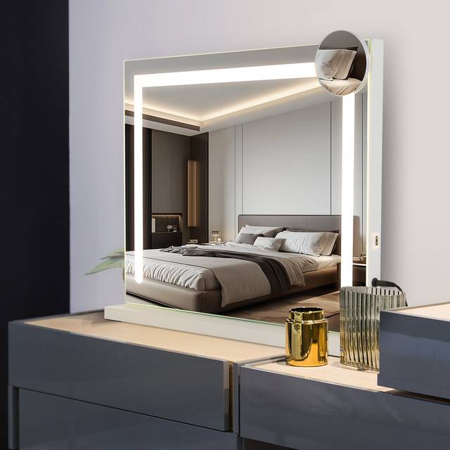 Make -up mirror with dimmable lighting - LED mirror with 3 color light modes, 5 compartments magnification, 50 x 40cm mirror, USB port for bedroom, dr - White (40cm H X 50cm W X 12cm D)