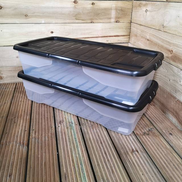 Cennet 2 x 42L Clear Under Bed Storage Box with Black Lid, Stackable and Nestable Design Storage Solution - Black;Clear (42L)