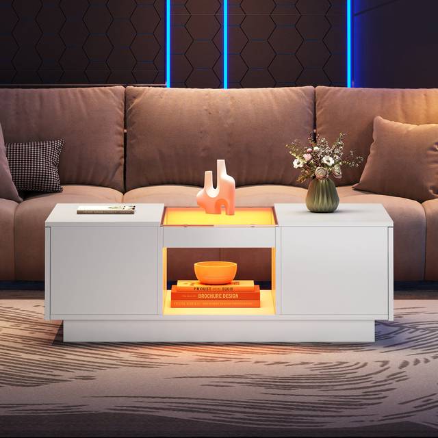 LED Coffee Table With A Drawer & Remote Control - White (32cm H X 100cm W X 50cm D)