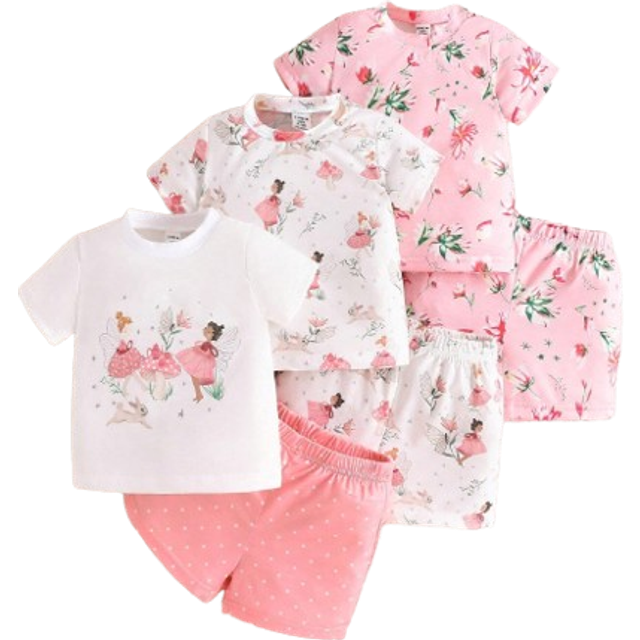 SHEIN Baby Girl 6pcs/Set Cute, Interesting, Elegant Flower Patterned Short Sleeve T-Shirt And Shorts Outfits For Spring And Summer