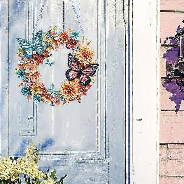 Ortholf 5D DIY Colourful Floral Butterfly Wreath Diamond Painting Kit Crystal Embroidery Rhinestone Hanging Decoration - Orange (28cm H X 25cm W X 3cm D)