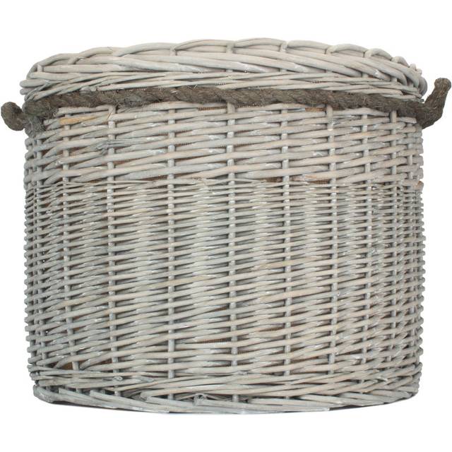 Large Wicker Grey Wash Round Hessian Lined Log Basket - One Size