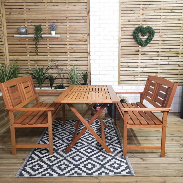 Aayushi Outdoor 4 Person Folding Rectangular Wooden Garden Patio Dining Table and 2 Benches Set - Brown (4)