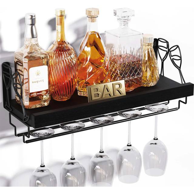 Wall Mounted Wine Rack With Stemware Hanger - Black (16cm H X 43cm W X 16cm D)