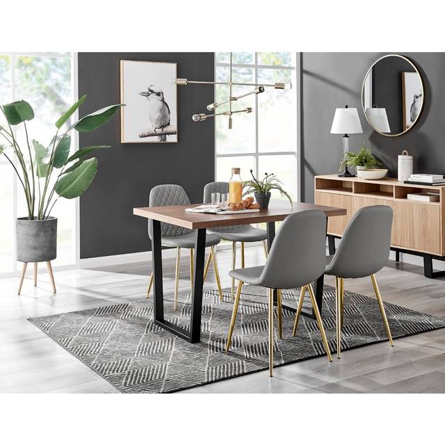 Kylooe Modern Brown Wood And Black Metal Dining Table Set With 4 Luxury Faux Leather Dining Chairs - Gold (4)