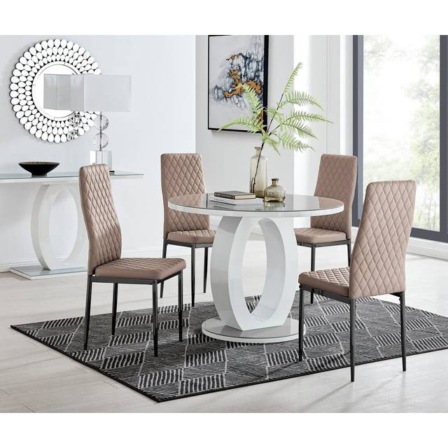 Scottsmoor Halo Round Dining Table Set in Modern High Gloss with 4 Luxury Faux Leather Dining Chairs - Grey (4)