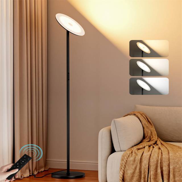LED Uplighter Floor Lamp For Living Room, 36W Remote & Touch Control Bright Modern Dimmable Standing Lamp, 3 Color Temperatures 69&#39;&#39;Tall Floor Reading - Black (176cm H X 24.1cm W X 24.1cm D)