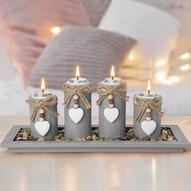 Riffle Wood Tabletop Candlestick - Grey (12cm H X 38cm W X 5.5cm D)