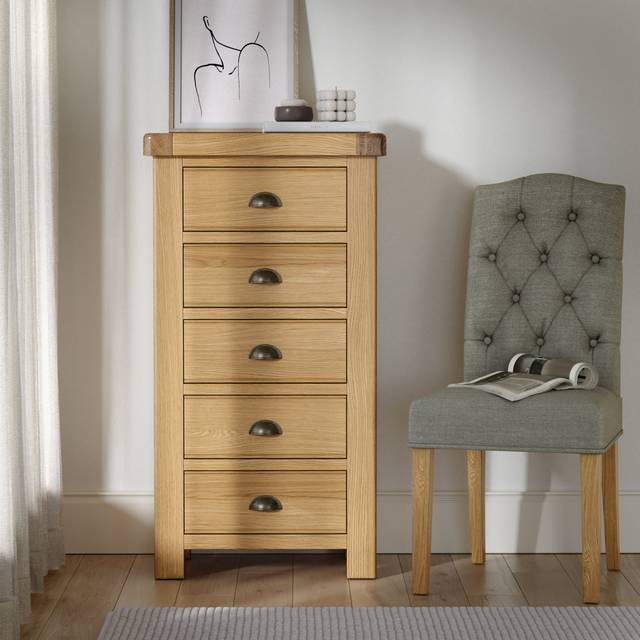Murphys Oak 5 Drawer Tallboy Chest - Brown (120cm H X 56cm W X 42cm D)
