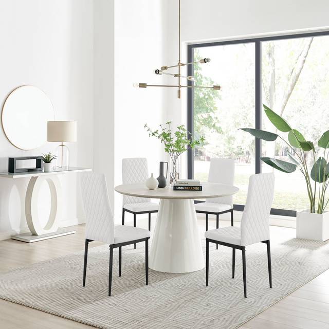 Edzard Statement Round Dining Table Set in Luxury Beige Stone Effect & 4 Faux Leather Dining Chairs - Black (4)