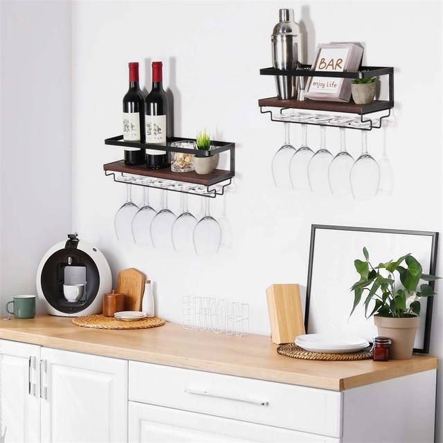 Serenay Wine Bottle & Glass Rack - Black;Brown (14.7cm H X 43cm W X 11cm D)