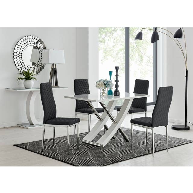 Alicia Modern Glass & Wood Finish Dining Table Set with 4 Quilted Faux Leather Dining Chairs - Black (4)