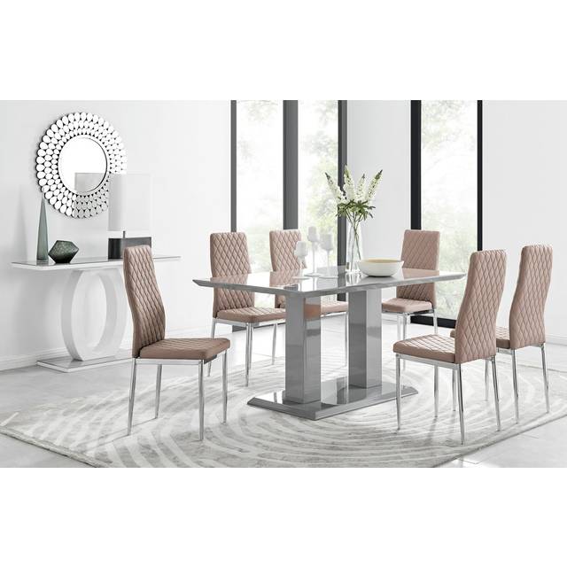 Edzard Double Pedestal High Gloss Dining Table Set with 6 Luxury Faux Leather Dining Chairs - Silver (6)