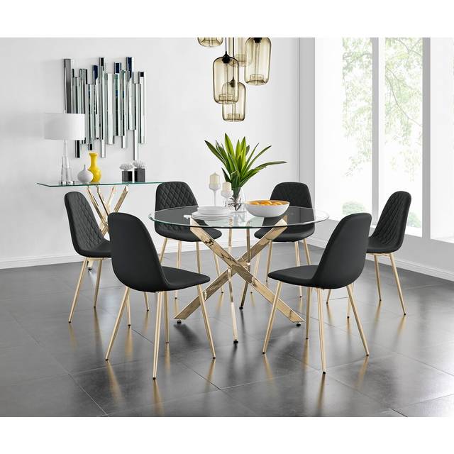 Tierra Modern Chrome Metal & Glass Round Dining Table Set with 6 Luxury Faux Leather Chairs - Black (6)