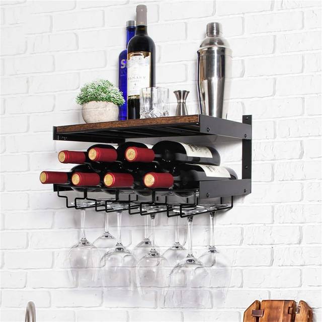 Wall Mounted Wine Rack With Stemware Rack - Black;Brown (19cm H X 42.5cm W X 25cm D)