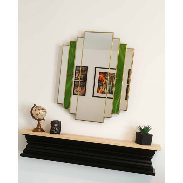 Supreme Art Deco Wall Mirror In Green - Brass (80cm H X 60cm W X 2.5cm D)
