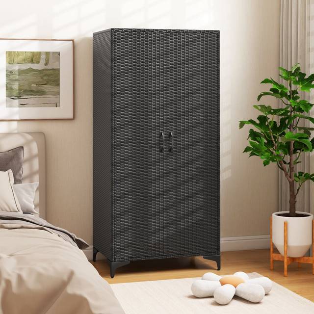 Wicker Wardrobe PE Rattan Wardrobe Armoire Closet W/ Hanging Rod-Black - Natural (157cm H X 72cm W X 50cm D)