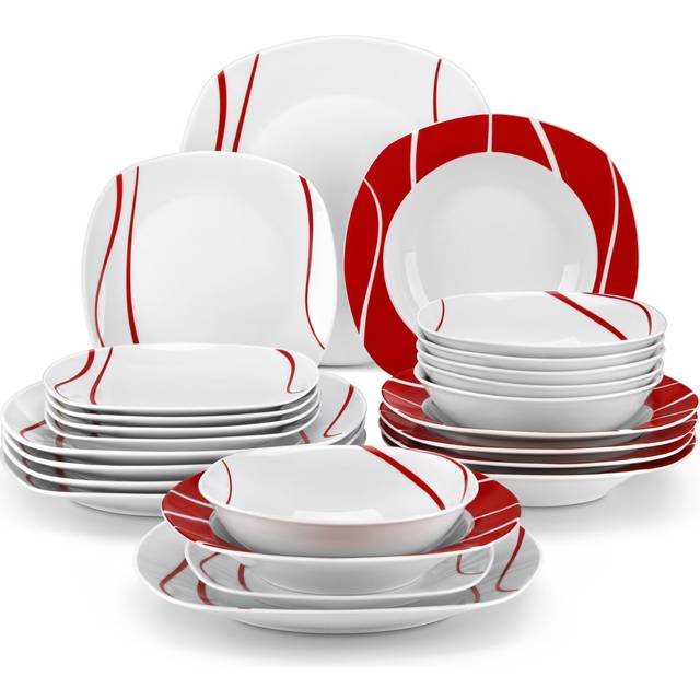 Bertasi 24 Piece Porcelain China Dinnerware Set - Service for 6 - White;Red;Ivory (24)