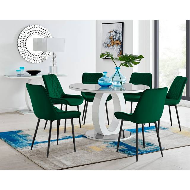 Scottsmoor Modern Halo Seat Round Dining Table Set - 6 Luxury Velvet Mid-Century Upholstered Chairs - Grey (6)