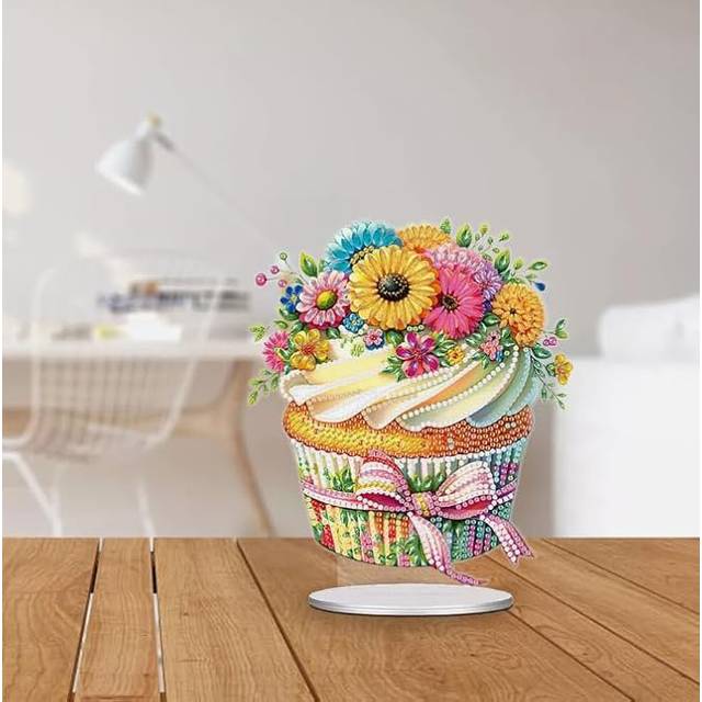 Adalee 5D DIY Cute Floral Cupcake Diamond Painting Kit Rhinestone Acrylic Table Top Ornament Decoration - Cream (28cm H X 25cm W X 3cm D)