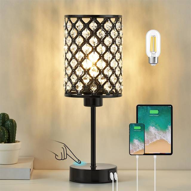 Crystal Table Lamp With USB C+A Ports, 3-Way Dimmable Touch Lamp, With Crystal Lampshade (Bulb Included) - Black
