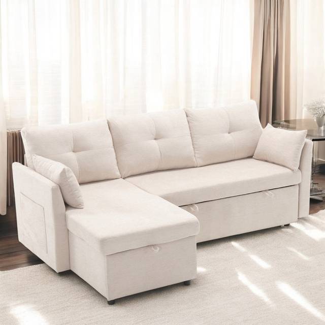 Beige Chenille Multi-functional L-shaped sofa with pull-out bed sectional sofa bed with storage seats chaise longue interchangeable corner sofa (66cm H X 206cm W X 130cm D)