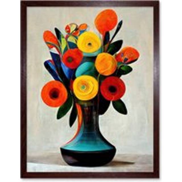 Wall Art Print Midcentury Style Bright Floral Bouquet Flowers Painting Orange Yellow Red Turquoise Art Framed - Brown - W12 inch x H16 inch