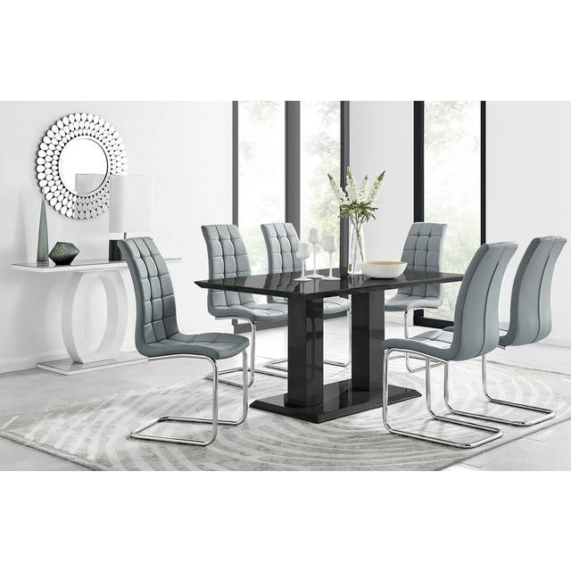 Edzard Double Pedestal High Gloss Dining Table Set with 6 Modern Faux Leather Dining Chairs - Grey (6)