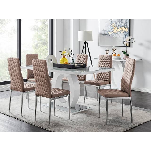 Scottsmoor High Gloss Halo Dining Table Set & 6 Luxury Faux Leather Dining Chairs - Modern Design - Silver (6)