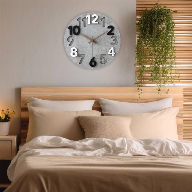 Wall Clock Silent & Non Ticking 3D Modern Wooden 12 Inch Battery Operated Kitchen Bedroom Living Room Bathroom Decorative Clock - Grey (30cm W X 30cm H X 4cm D)