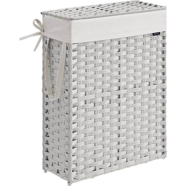 Slim Laundry Basket, 55L Synthetic Storage Basket With Lid And Handles, Wicker, Foldable, Removable Liners, For Blankets, Clothes, Laundry Room - Cloud White (61cm H X 46cm W X 20cm D)