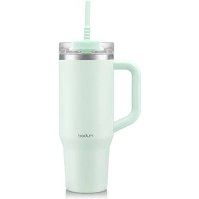 BODUM TRAVEL MUG vakuum-resekopp, rostfritt stål, 1,2 l, 40 oz, med handtag och sugrör, färg Creamy mint