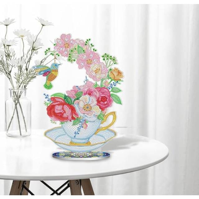 Vergennes  5D DIY Hummingbird in Floral Teacup Diamond Painting Kit Diamond Painting Approx Acrylic Table Top Decoration - Pink (99.06cm H X 50.8cm W X 7.62cm D)