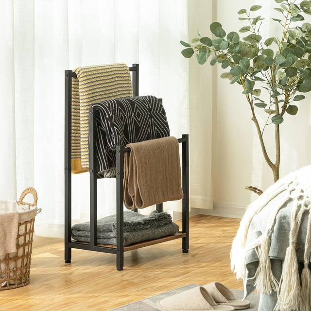 Avely 3 Freestanding Towel Stand - Black;Brown (81cm H X 43cm L X 28cm D)