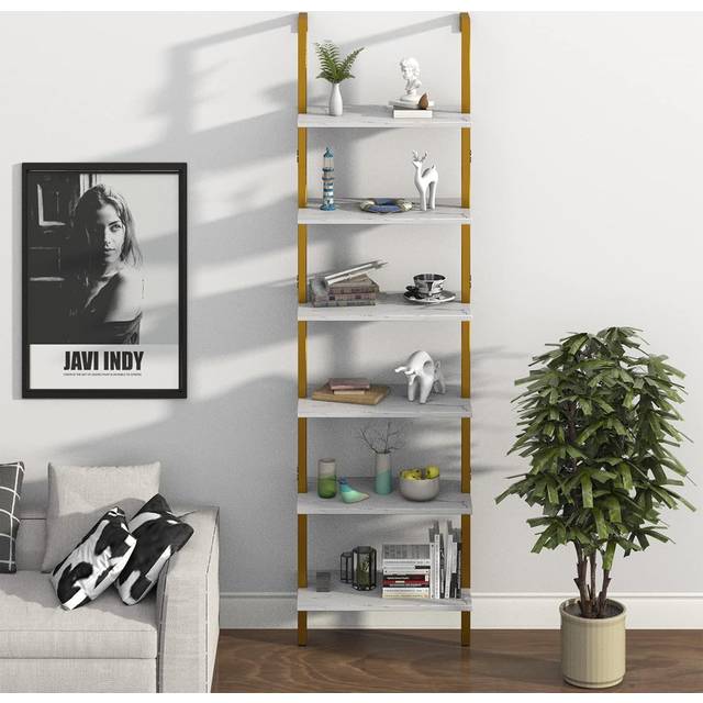 Bookshelf, 6-Tier Tall Bookcase, Display Shelf, Metallic Gold
