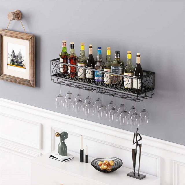 Wall Mounted Wine Rack With Stemware Rack Holder - Black (17cm H X 80cm W X 20cm D)