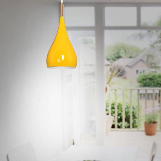 Teardrop Shaped Pendant Light Shade With Decorative Wood, Adjustable Cord E27 Base Hanging Ceiling Island Lighting Ideal - Yellow (125cm H X 16cm W X 16cm D)