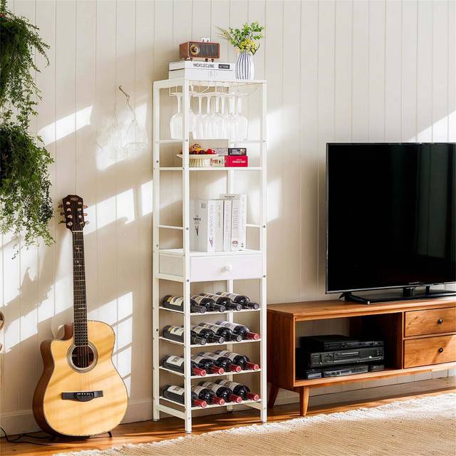 4-Tier Freestanding Wine Rack With Glass Holder - White (147cm H X 40cm W X 29cm D)