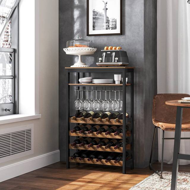 Bikales Wine Bottle & Glass Rack Rustic Brown + Black (100cm H X 63cm W X 30cm D)
