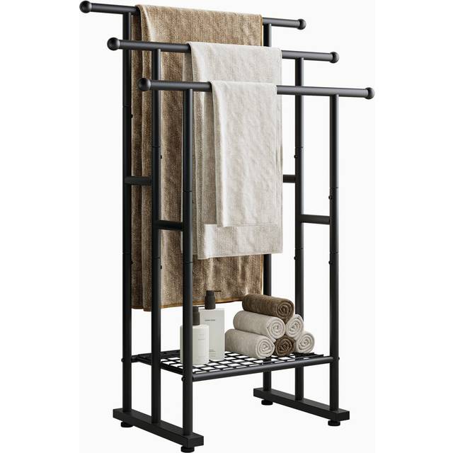 Freestanding Towel Rack, Towel Rail Metal Ladder Towel Holder Drying Stand With 3 Towel Rails And Storage Shelf - Matte Black (102.4cm H X 67cm L X 31.5cm D)
