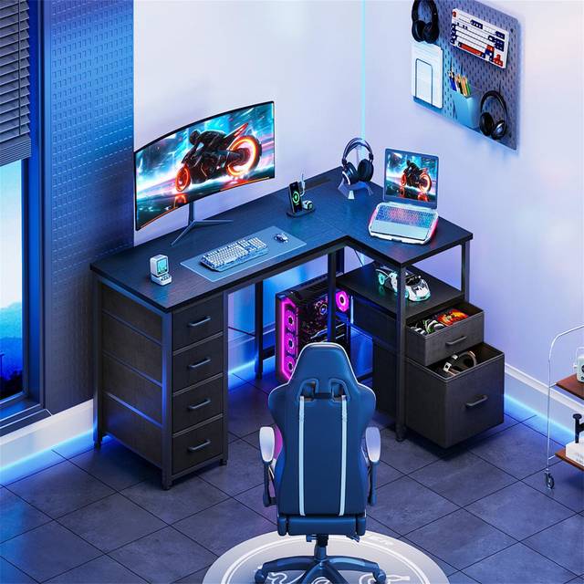 Corner Computer Desk With 1 Filing Cabinet And 5 Linen Drawers, L-Shaped Desk With Power Outlets, Computer Desk With Storage - Black