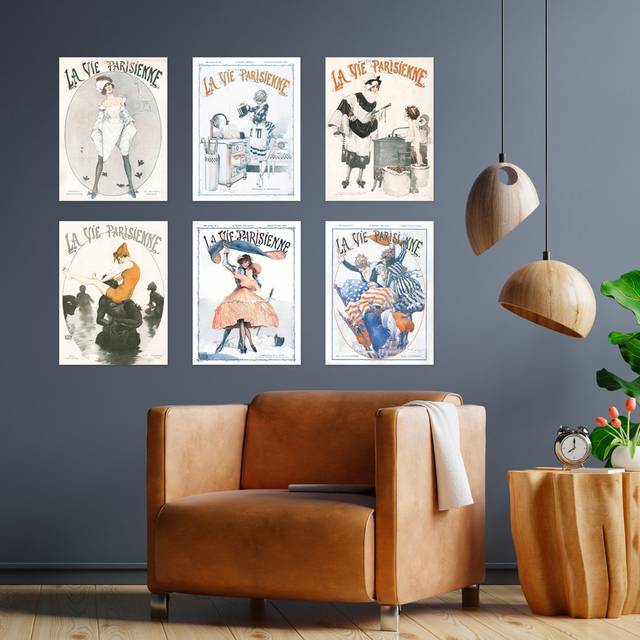 Vintage French Magazine Cover Art Deco Pastel Colours La Vie Parisienne Woman WW1 Cherub Birds Poster Pack of 6 Wall Art - Cream (40.5cm H X 30.5cm W)
