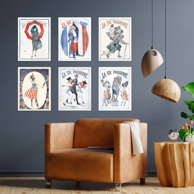 Vintage French Magazine Cover Art Deco Pastel Colours La Vie Parisienne Woman Army War US Victory Poster Pack of 6 Wall Art - Cream (40.5cm H X 30.5cm W)