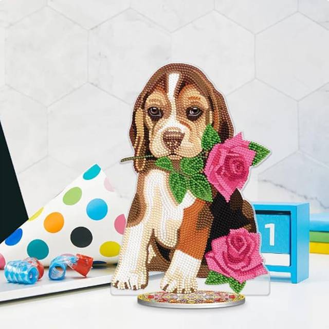 Fiona  5D DIY Beagle Puppy with Rose Diamond Painting Kit Crystal Rhinestone Approx 28.5cm x 19.5cm Acrylic Decoration - Pink (71.12cm H X 63.5cm W X 7.62cm D)