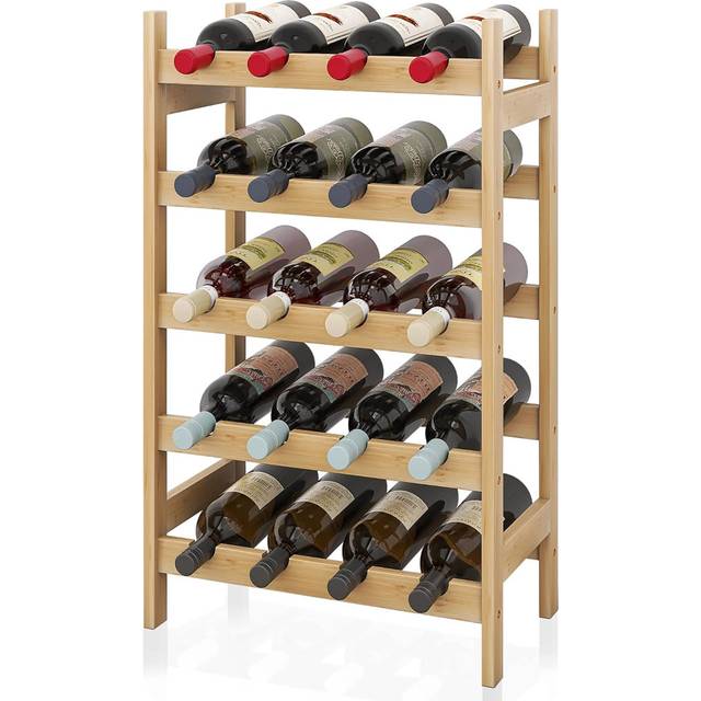 Bamboo Wine Rack, 20 Bottles Display Holder, 5-Tier Free Standing Storage Shelves - Brown (73cm H X 43.5cm W X 24.5cm D)