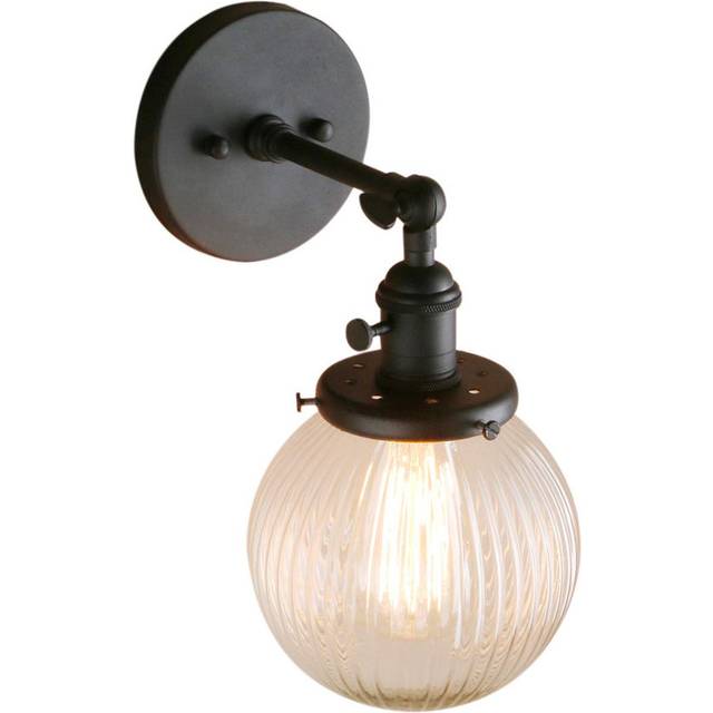 15cm Industrial Vintage Wall Sconce, Ribbed Globe Glass Shade for Loft, Bar, Kitchen - Black