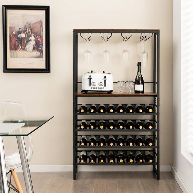 Boette Wine Bottle & Glass Rack Rustic Brown + Black (140cm H X 80cm W X 30cm D)