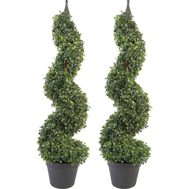Leaf Pair Of 90Cm (3Ft) Tall Artificial Boxwood Tower Trees Topiary Spiral Metal Top, Green